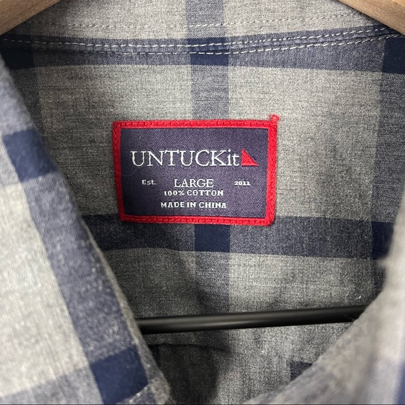 UNTUCKit Men’s Grey/Blue Windowpane Check 100% Cotton Button Up Shirt Size L - Picture 6 of 7